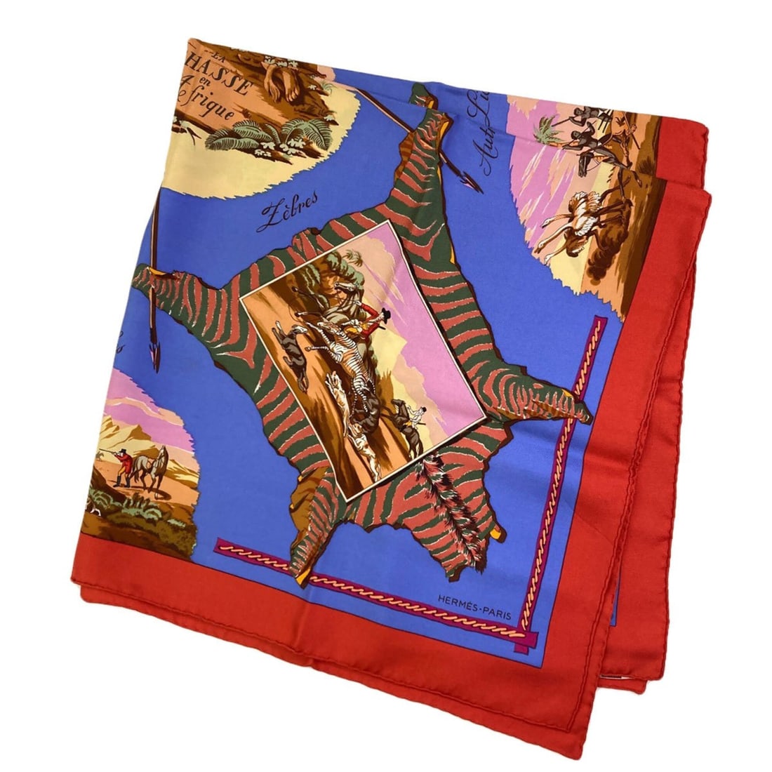 Hermes Carre 90 African Hunt Scarf/Muffler, Silk, Women's: --- Catalog ---Category: SizeSize (LxW): 89cm x 88cm / 35.03'' x 34.64''Category: DesignType: ScarfColor: Blue, Red colorGender: WomenMaterial: Silk Category: GeneralBrand: Hermes--- Item List ---Sect