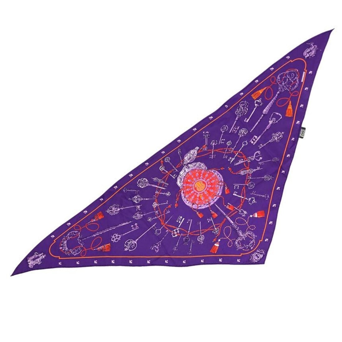 HERMES Pointu Les Cles Key Pattern Triangle Scarf POINTU Carre Bandana 100% Silk Purple Hermes: --- Catalog ---Category: SizeSize (LxW): 1.09m x 44cm / 42.91'' x 17.32''Category: DesignType: ScarfColor: PurpleGender: WomenMaterial: Silk 100%Category: GeneralBrand: HermesCountry of Origin: France