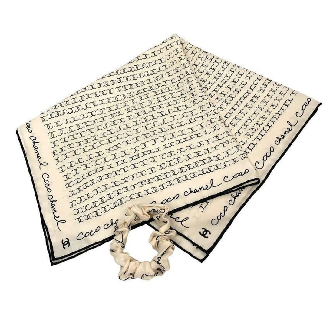 Chanel scarf, muffler, and scrunchie set with hair tie, white, Coco Mark, silk, accessories for: --- Catalog ---Category: SizeSize (LxW): 52cm x 52cm / 20.47'' x 20.47''Category: DesignType: ScarfColor: IvoryGender: WomenMaterial: Silk 100%Category: GeneralBrand: ChanelCountry of Origin: Italy---