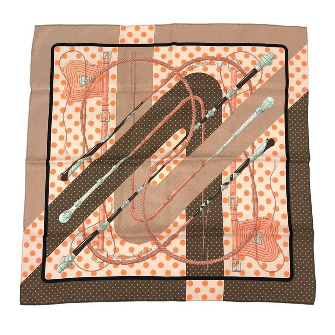 HERMES Carre 70 Scarf Muffler Clic-Clac a Pois (Click-Clac Dot) MARRON/COTAIL/VIEUX ROSE Silk Hermes: --- Catalog ---Category: SizeSize (LxW): 67cm x 67cm / 26.37'' x 26.37''Category: DesignType: ScarfColor: Beige, Brown, OrangeGender: WomenMaterial: Silk 100%Category: GeneralBrand: HermesCountry of O