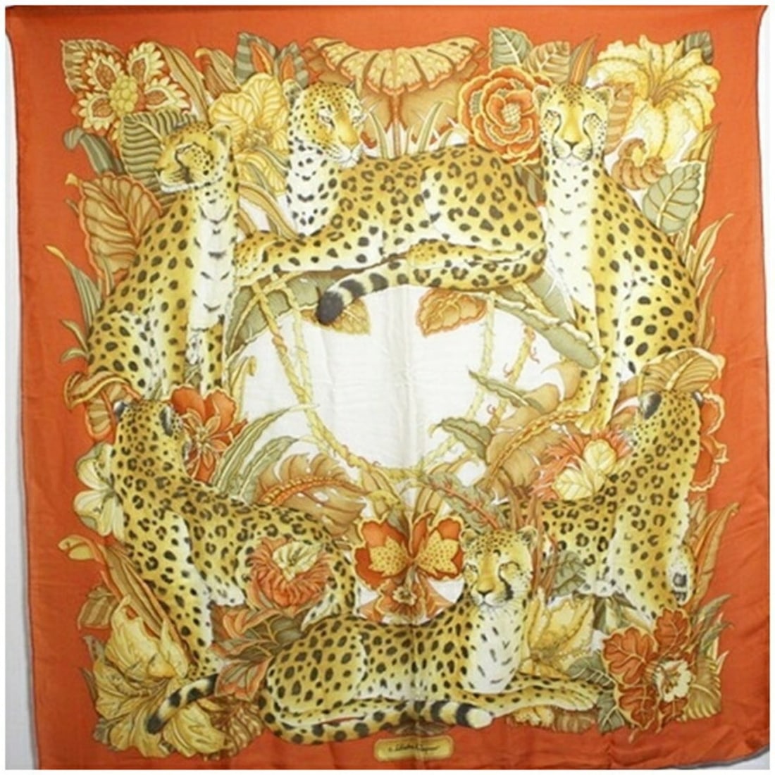 Salvatore Ferragamo Silk Large Scarf, Orange x Beige, Animal Print, Women's: --- Catalog ---Category: SizeSize (LxW): 1.32m x 1.3m / 51.96'' x 51.18''Category: DesignColor: Beige, OrangeGender: Men,WomenMaterial: Silk Category: GeneralMPN: refBrand: Salvatore Ferragamo--- Item
