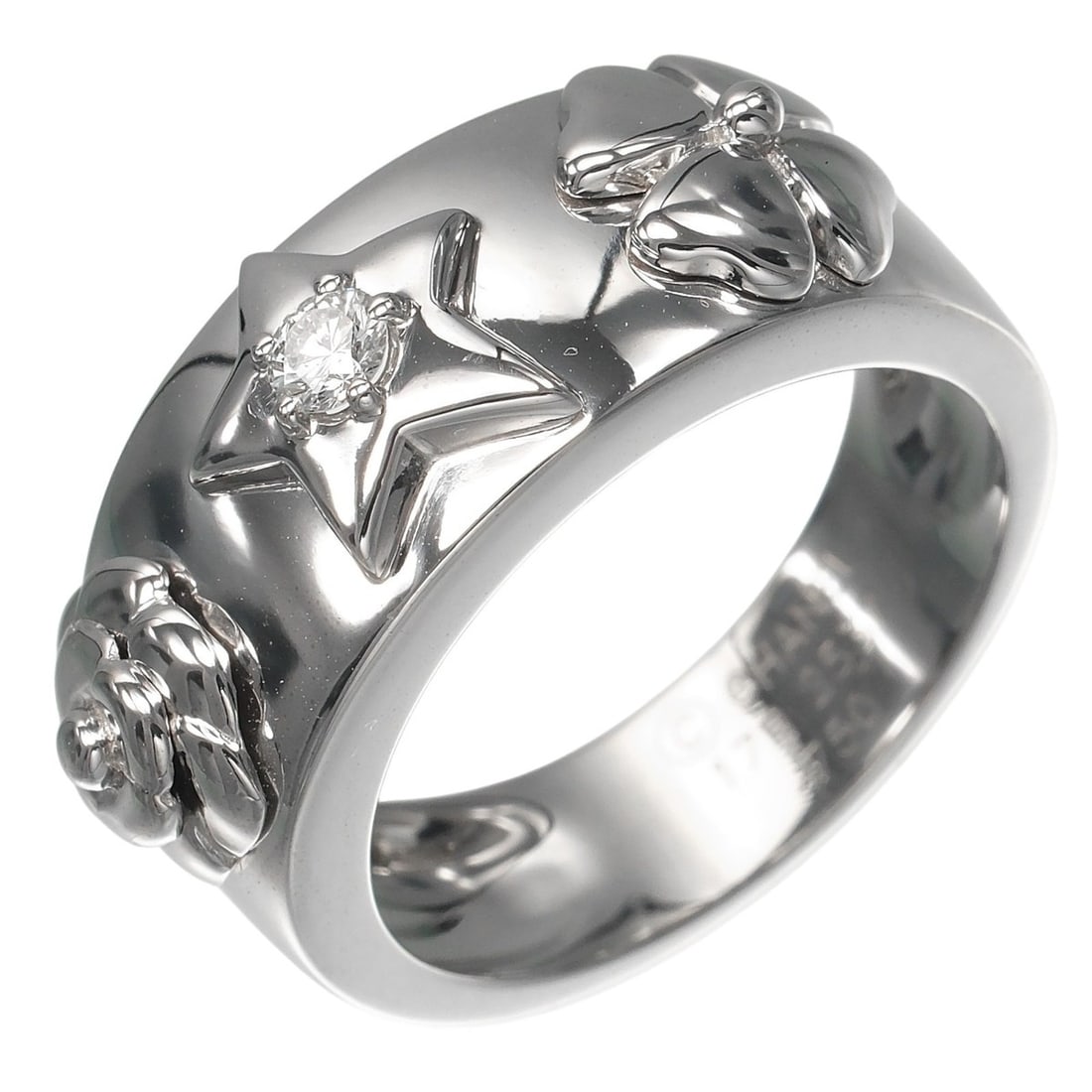 Chanel Three Symbols Ring, Size 16, 18K White Gold, Diamond, Approx. 11.18g.: --- Catalog ---Category: SizeJP Size: 16US Size: 8Category: DesignType: Band ringStone: DiamondGender: WomenMaterial: White gold (18K)Category: GeneralBrand: Chanel--- Item List ---Section: ConditionR