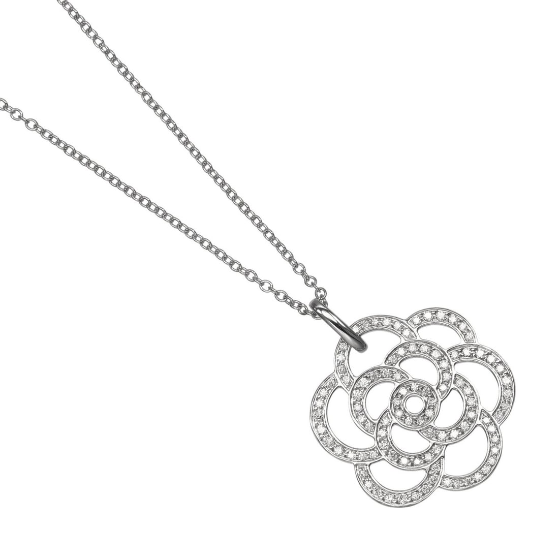 Chanel Camellia Necklace, 18K White Gold, Diamonds, Approx. 6.33g.: --- Catalog ---Category: SizePendant Size: 20.8mm x 19.5mm / 0.81'' x 0.76''Neck Circumference: 44 cm / 17.32''Category: DesignStone: DiamondGender: WomenMaterial: White gold (18K)Necklace Type: Neckl