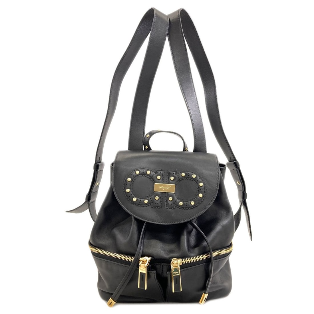 Salvatore Ferragamo Gancini Studded Backpack/Daypack, Leather, Women's: --- Catalog ---Category: SizeSize (HxWxD): 23cm x 19cm x 13cm / 9.05'' x 7.48'' x 5.11''Category: DesignType: BackpackColor: BlackGender: WomenMaterial: Leather Category: GeneralBrand: Salvatore Ferra