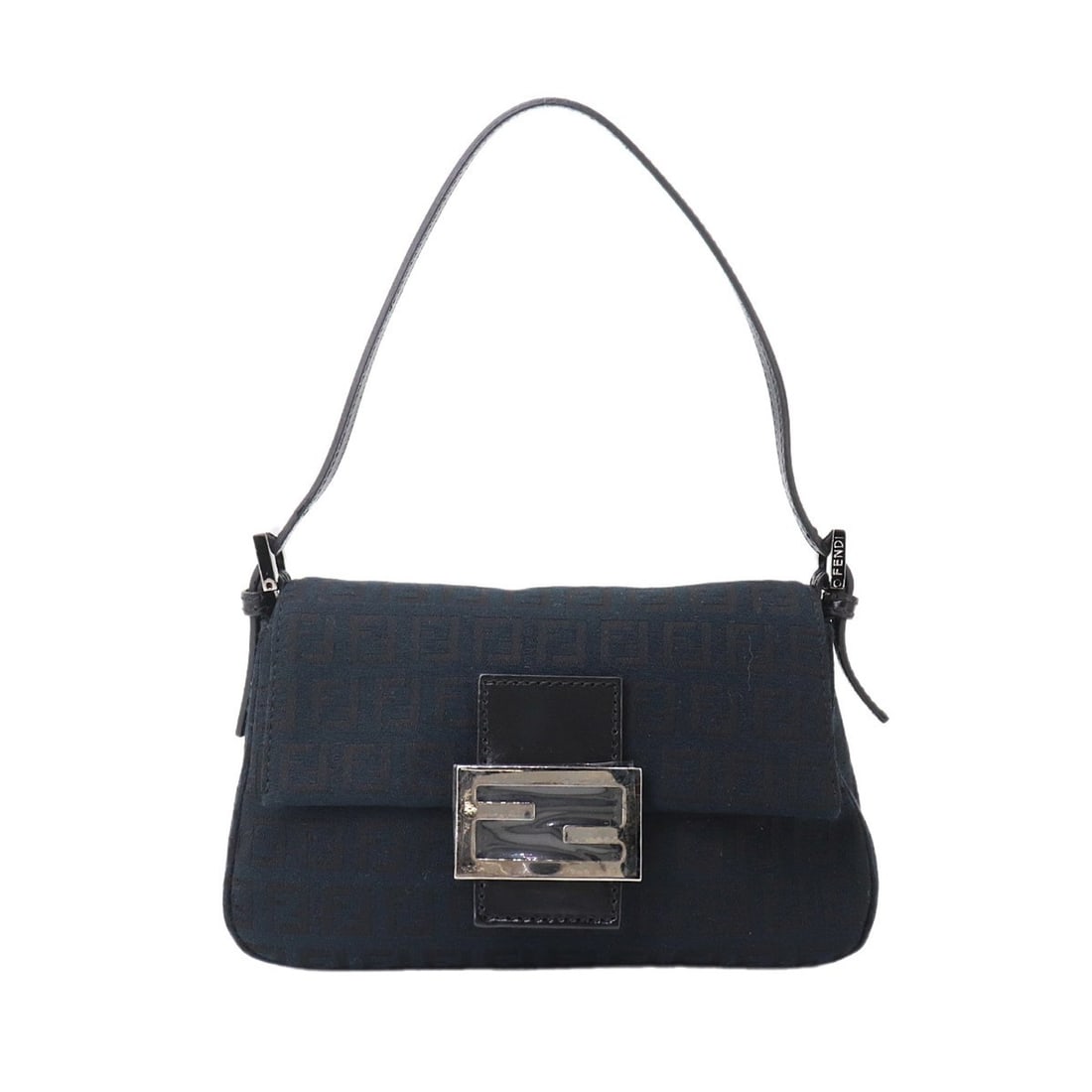 Fendi Zucchino Mini Mamma Baguette Shoulder Handbag, Canvas and Leather, Black, 8BR180, Gunmetal: --- Catalog ---Category: SizeWeight: 220g / 7.76oz.Size (HxWxD): 13cm x 21.5cm x 10cm / 5.11'' x 8.46'' x 3.93''Strap Length: 36cm - 44cm / 14.17'' - 17.32''Category: DesignType: Baguette bag, Handbag