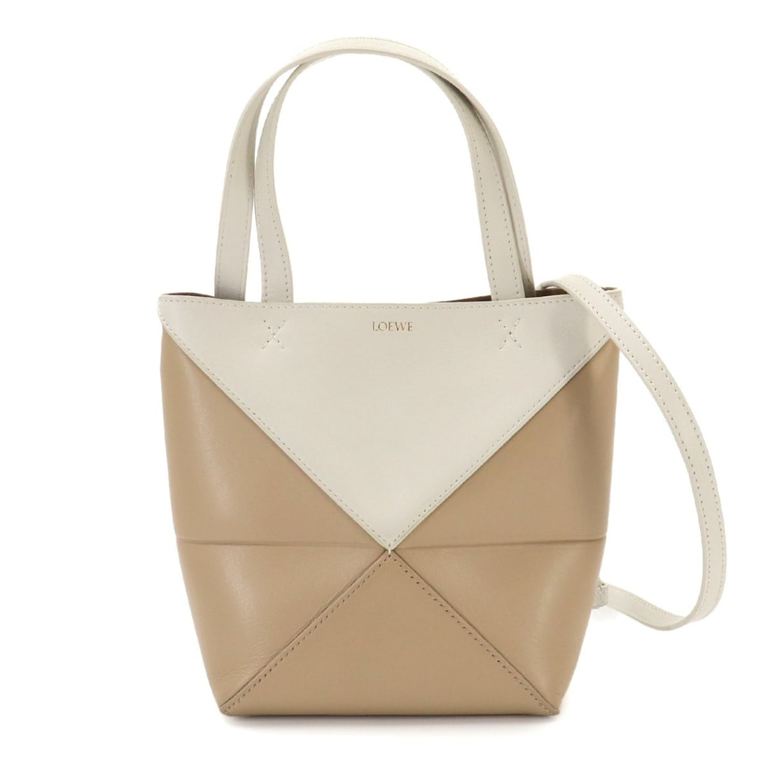 Loewe Puzzle Fold Mini Tote 2-way Shoulder Handbag Leather Beige White: --- Catalog ---Category: SizeWeight: 250g / 8.81oz.Size (HxWxD): 20cm x 15.5cm x 8.5cm / 7.87'' x 6.1'' x 3.34''Strap Length: 98cm - 112cm / 38.58'' - 44.09''Handle Length: 30cm / 11.81''Category: Des