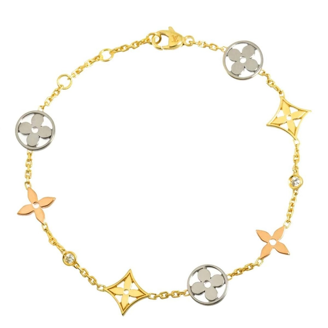 Louis Vuitton Monogram Idylle Diamond Bracelet 17.5cm 18K Yellow Gold White Pink 750: --- Catalog ---Category: SizeWidth: 1cm / 0.39''Length: 17.5cm / 6.88''Category: DesignType: Charm braceletStone: DiamondGender: WomenMaterial: Pink gold (18K), White gold (18K), Yellow gold (18K)Cate