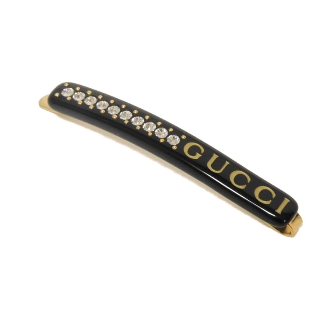 Gucci barrette, logo, crystal hair clip, gold rhinestone slide, hairpin, black, 753873 I9875 8521,: --- Catalog ---Category: SizeSize (LxW): 7mm x 6cm / 0.27'' x 2.36''Category: DesignType: BarretteColor: BlackGender: WomenMaterial: Resin, RhinestoneCategory: GeneralMPN: 753873 I9875 8521Brand: Gucc
