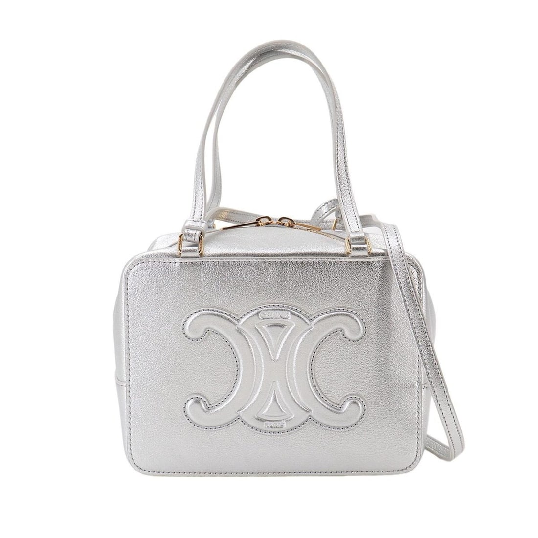 Celine Cuir Triomphe 2-way Hand/Shoulder Handbag, Leather, Metallic Silver, Gold Hardware.: --- Catalog ---Category: SizeWeight: 445g / 15.69oz.Size (HxWxD): 14.5cm x 19cm x 14.5cm / 5.7'' x 7.48'' x 5.7''Strap Length: 106cm / 41.73''Handle Length: 37cm / 14.56''Category: DesignType: Handbag