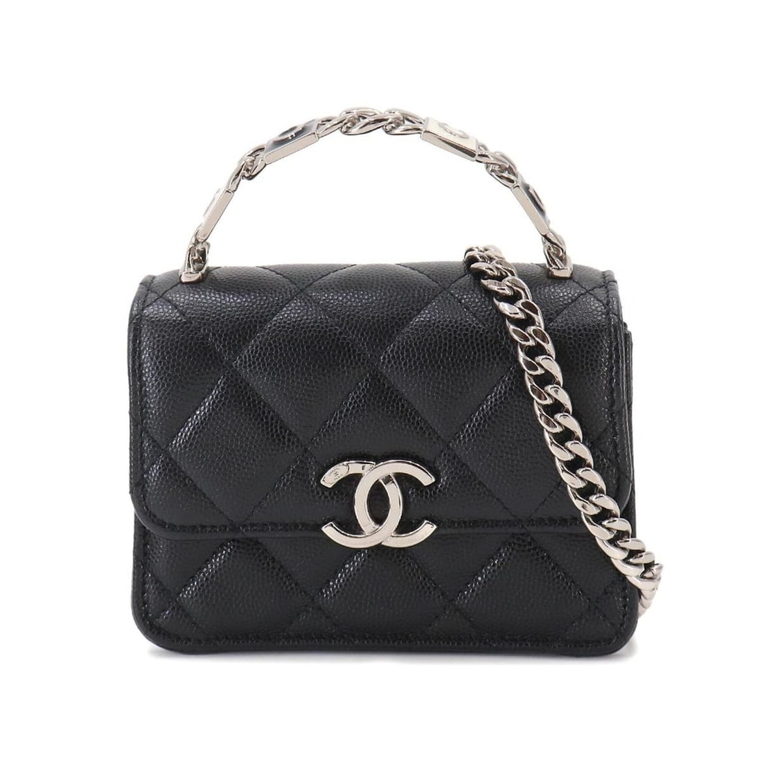 Chanel Mini Matelasse Chain Clutch 2-way Hand/Shoulder Handbag, Caviar Leather, Black AP2758, Silver: --- Catalog ---Category: SizeWeight: 315g / 11.11oz.Size (HxWxD): 9.5cm x 13cm x 5cm / 3.74'' x 5.11'' x 1.96''Strap Length: 116cm / 45.66''Handle Length: 13cm / 5.11''Category: DesignType: Handbag, S