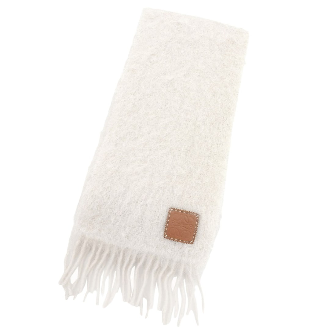LOEWE Mohair Wool Fringe Stole/Scarf with Anagram Leather Patch - Ivory Made in Spain Authentic: --- Catalog ---Category: SizeSize (LxW): 1.98m x 23cm / 77.95'' x 9.05''Category: DesignType: StoleColor: IvoryGender: WomenMaterial: Mohair , Wool , Nylon Category: GeneralBrand: LoeweCountry of Orig
