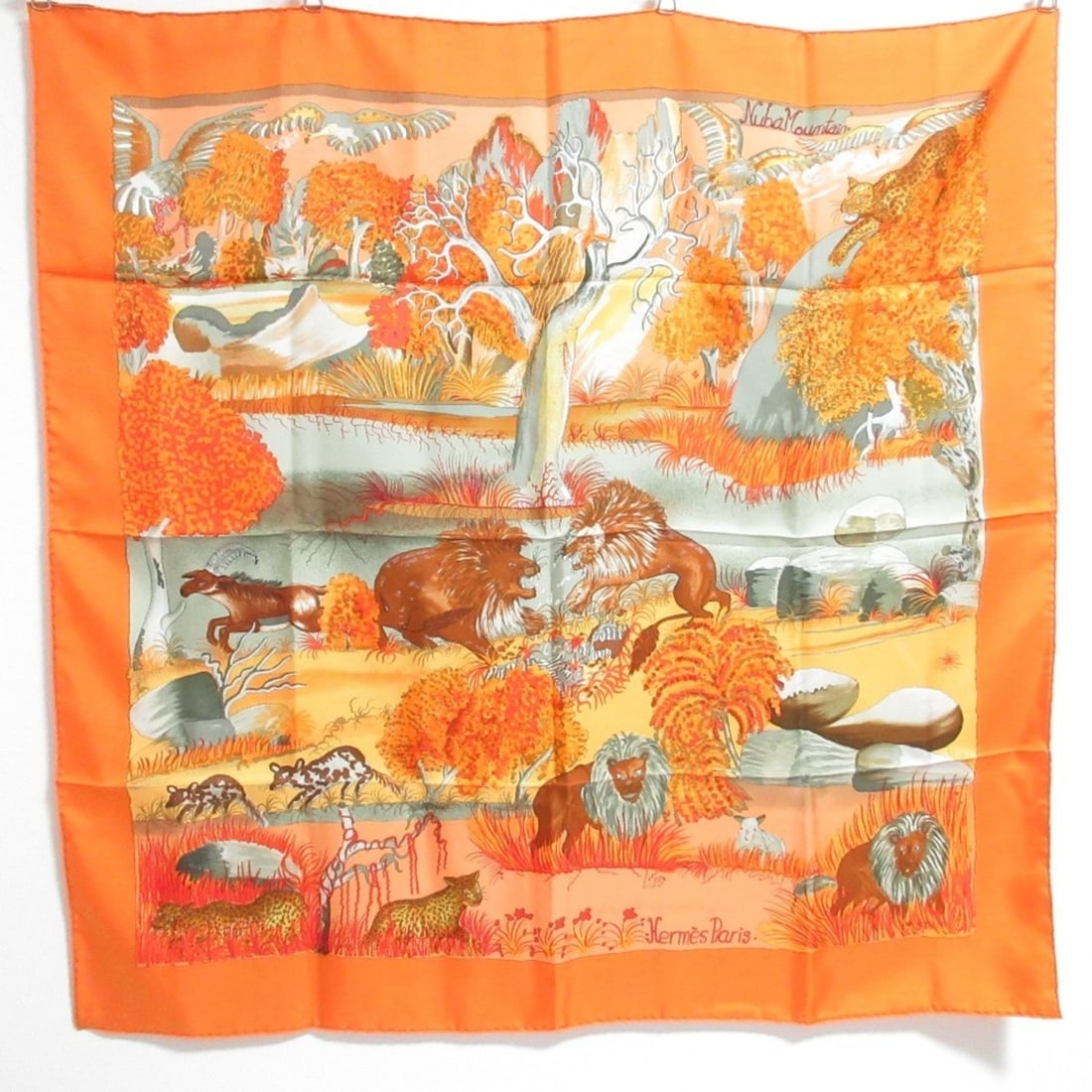 HERMES Carre 90 Nuba Mountain Animal Print Silk Scarf, Orange, Women's: --- Catalog ---Category: SizeSize (LxW): 88cm x 89cm / 34.64'' x 35.03''Category: DesignType: ScarfColor: OrangeGender: WomenMaterial: Silk Category: GeneralBrand: Hermes--- Item List ---Section: Cond