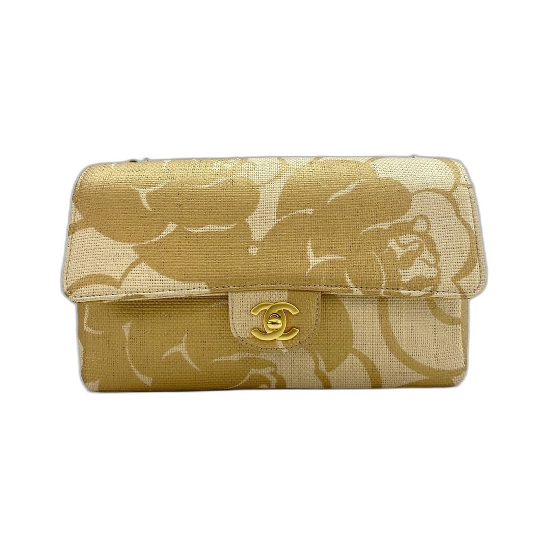 Chanel Camellia Print Shoulder Bag, Raffia, Gold: --- Catalog ---Category: SizeSize (HxWxD): 14cm x 25cm x 7cm / 5.51'' x 9.84'' x 2.75''Category: DesignType: Shoulder bagColor: BeigeGender: WomenMaterial: Raffia Category: GeneralBrand: Chanel--- Ite