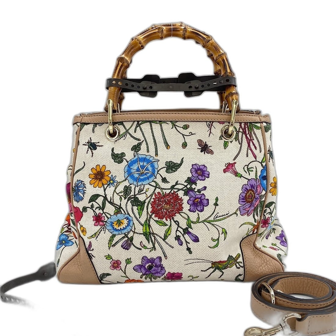 Gucci Canvas Bamboo Floral 2-Way Handbag, Multicolor (1 of 12)