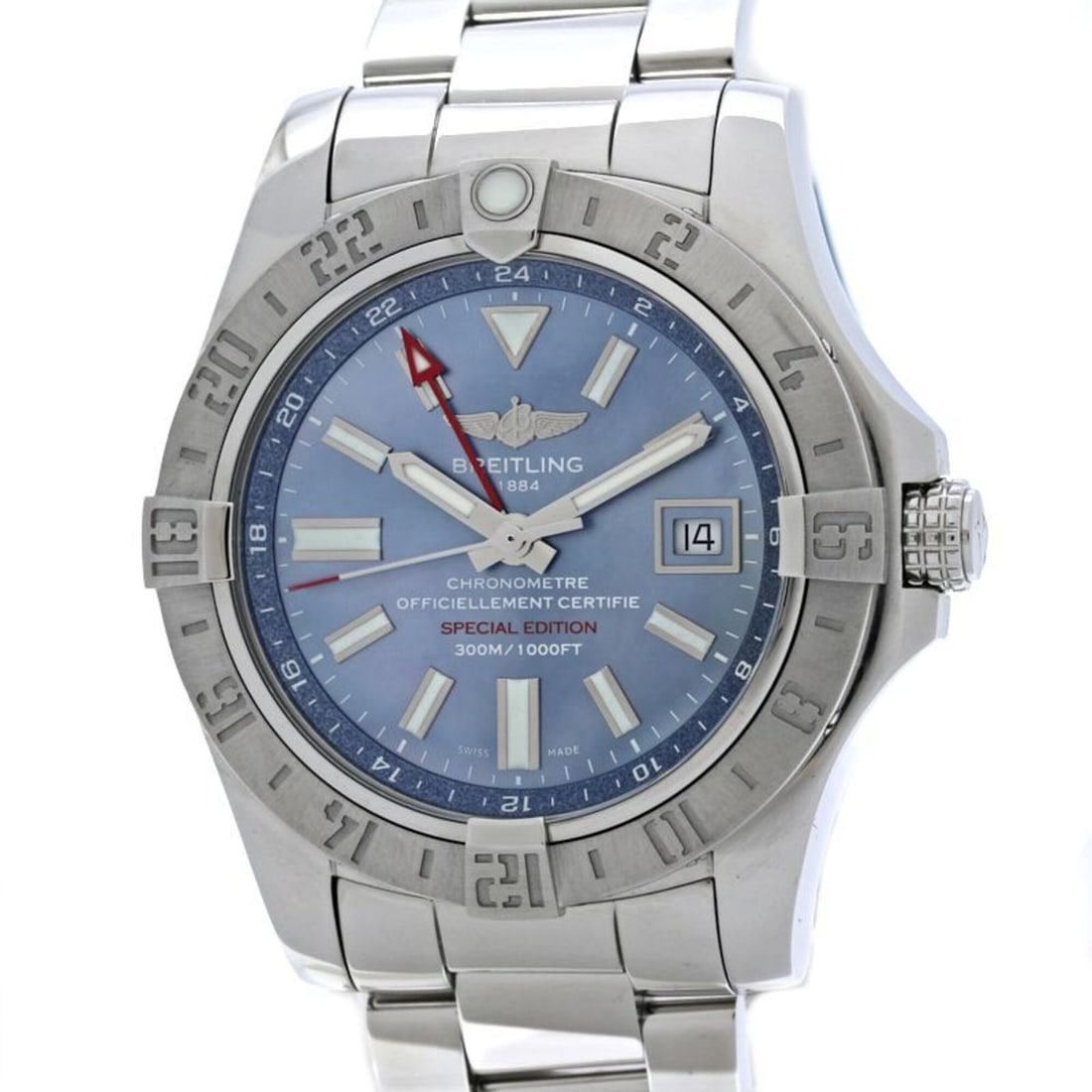 BREITLING Avenger II GMT Japan Limited Edition A3239011 C930 Men's Watch SS 40540: --- Catalog ---Category: SizeWrist Size: 21.5cm / 8.46''Case Diameter: 43mm / 1.69''Category: DesignType: WristwatchGender: MenColor (Dial): Blue shellMaterial (Band): Stainless steelMaterial (Case): 