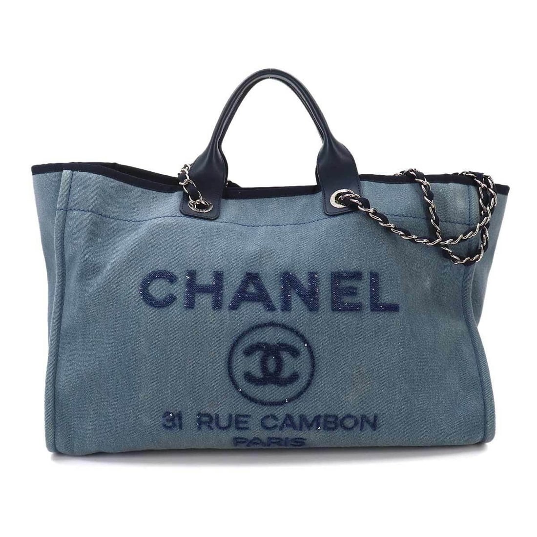 Chanel Deauville GM 2-way Tote Chain Shoulder Handbag Denim Leather Blue: --- Catalog ---Category: SizeSize (HxWxD): 29cm x 44cm x 17cm / 11.41'' x 17.32'' x 6.69''Category: DesignType: Shoulder bag, Tote bagColor: BlueGender: WomenMaterial: Denim , Leather Category: Genera