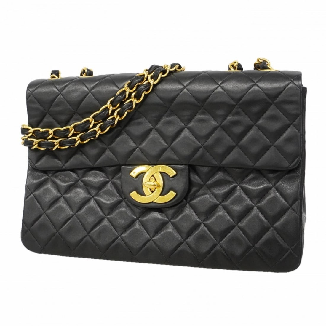 Chanel Shoulder Bag, Large Matelassé, Double Chain, Lambskin, Black, Women's: --- Catalog ---Category: SizeSize (HxWxD): 22cm x 34cm x 10cm / 8.66'' x 13.38'' x 3.93''Category: DesignType: Shoulder bagColor: BlackGender: WomenMaterial: Leather Hardware Color: GoldLeather/Fur Ty