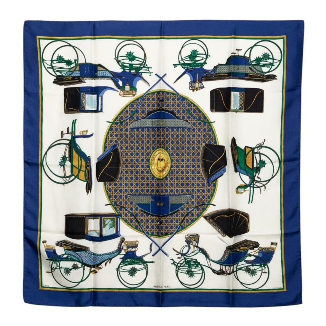 Hermes Carre 90 Folding Carriage Scarf/Muffler, Blue and White Silk, Women's HERMES: --- Catalog ---Category: SizeSize (LxW): 88.5cm x 87.5cm / 34.84'' x 34.44''Category: DesignType: ScarfColor: Blue, WhiteGender: WomenMaterial: Silk Category: GeneralBrand: Hermes--- Item List ---Sect