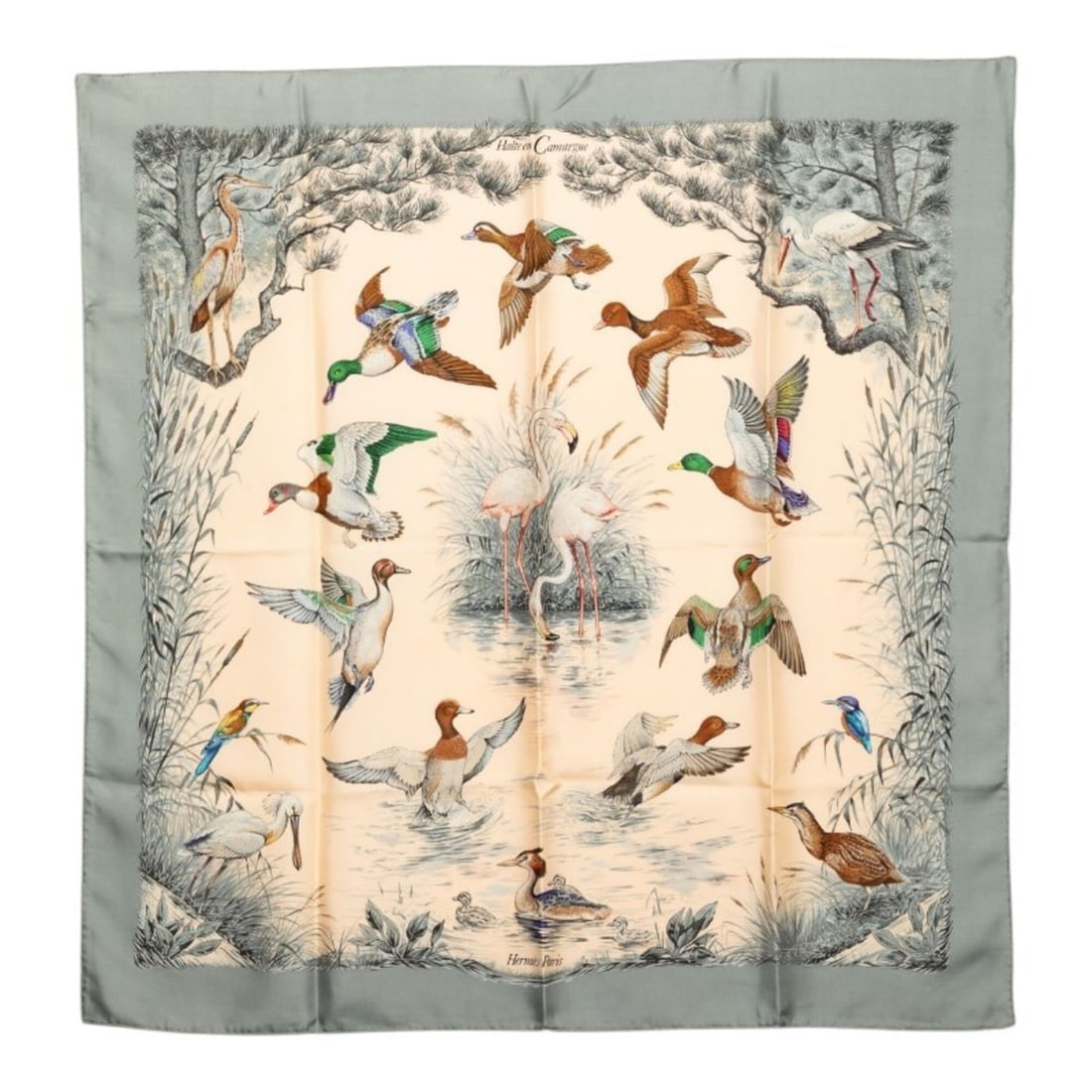 Hermes Carre 90 Halte en Camargue (A Rest in the Camargue) Scarf/Muffler, Gray/Ivory, Silk, Women's.: --- Catalog ---Category: SizeSize (LxW): 89.5cm x 88cm / 35.23'' x 34.64''Category: DesignType: ScarfColor: Gray, IvoryGender: WomenMaterial: Silk Category: GeneralBrand: Hermes--- Item List ---Sectio