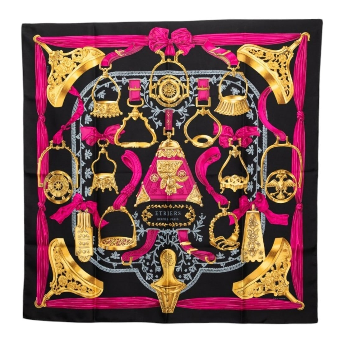 Hermes Carre 90 Etriers Stirrup Scarf/Muffler, Black Silk, Women's HERMES: --- Catalog ---Category: SizeSize (LxW): 88.5cm x 88cm / 34.84'' x 34.64''Category: DesignType: ScarfColor: BlackGender: WomenMaterial: Silk Category: GeneralBrand: Hermes--- Item List ---Section: Con