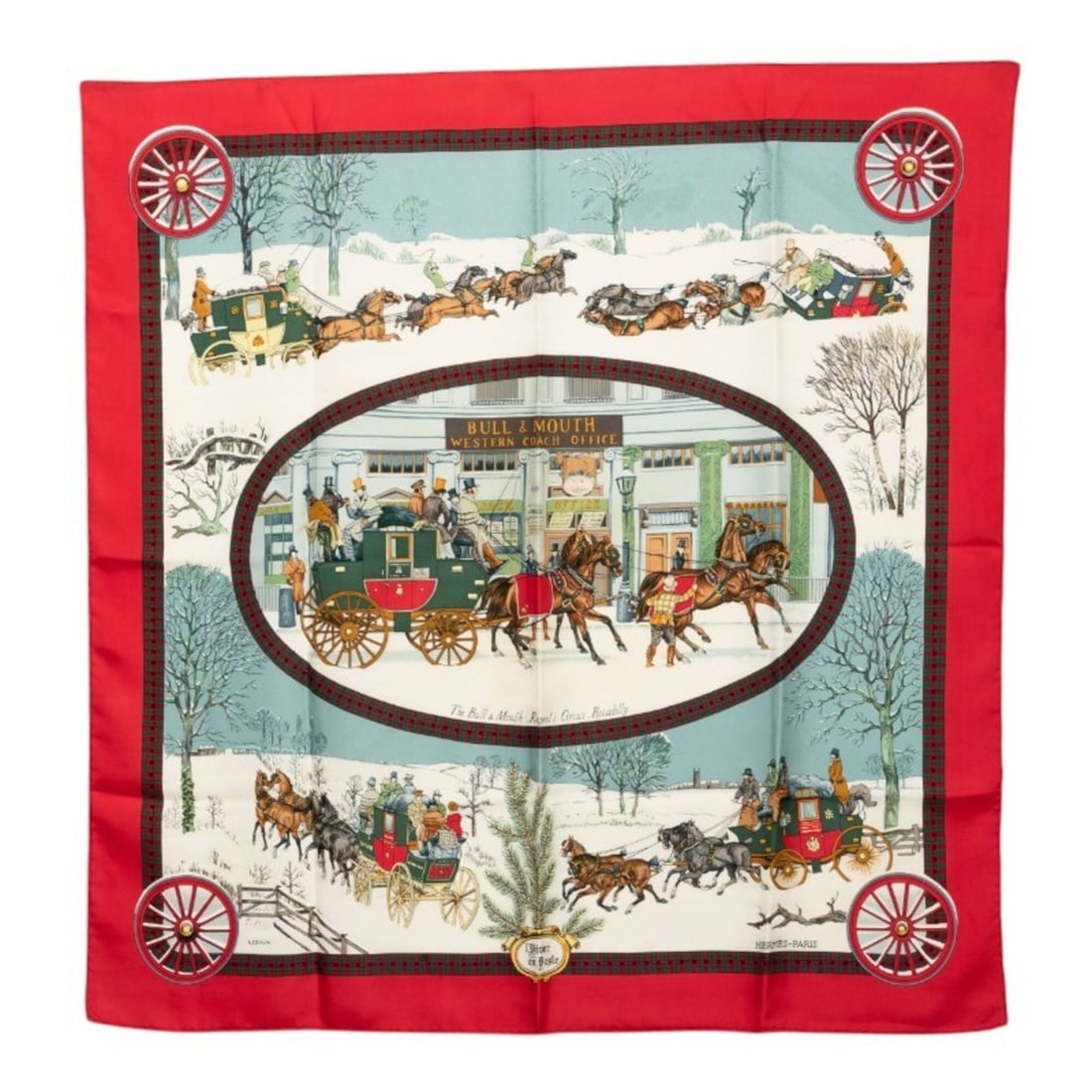 Hermes Carre 90 Winter Post Coach Scarf (L'Hiver en Poste) Red Multicolor Silk Women's: --- Catalog ---Category: SizeSize (LxW): 88cm x 87cm / 34.64'' x 34.25''Category: DesignType: ScarfColor: Multi-color, Red colorGender: WomenSeason: Fall/winterMaterial: Silk Category: GeneralBrand: H