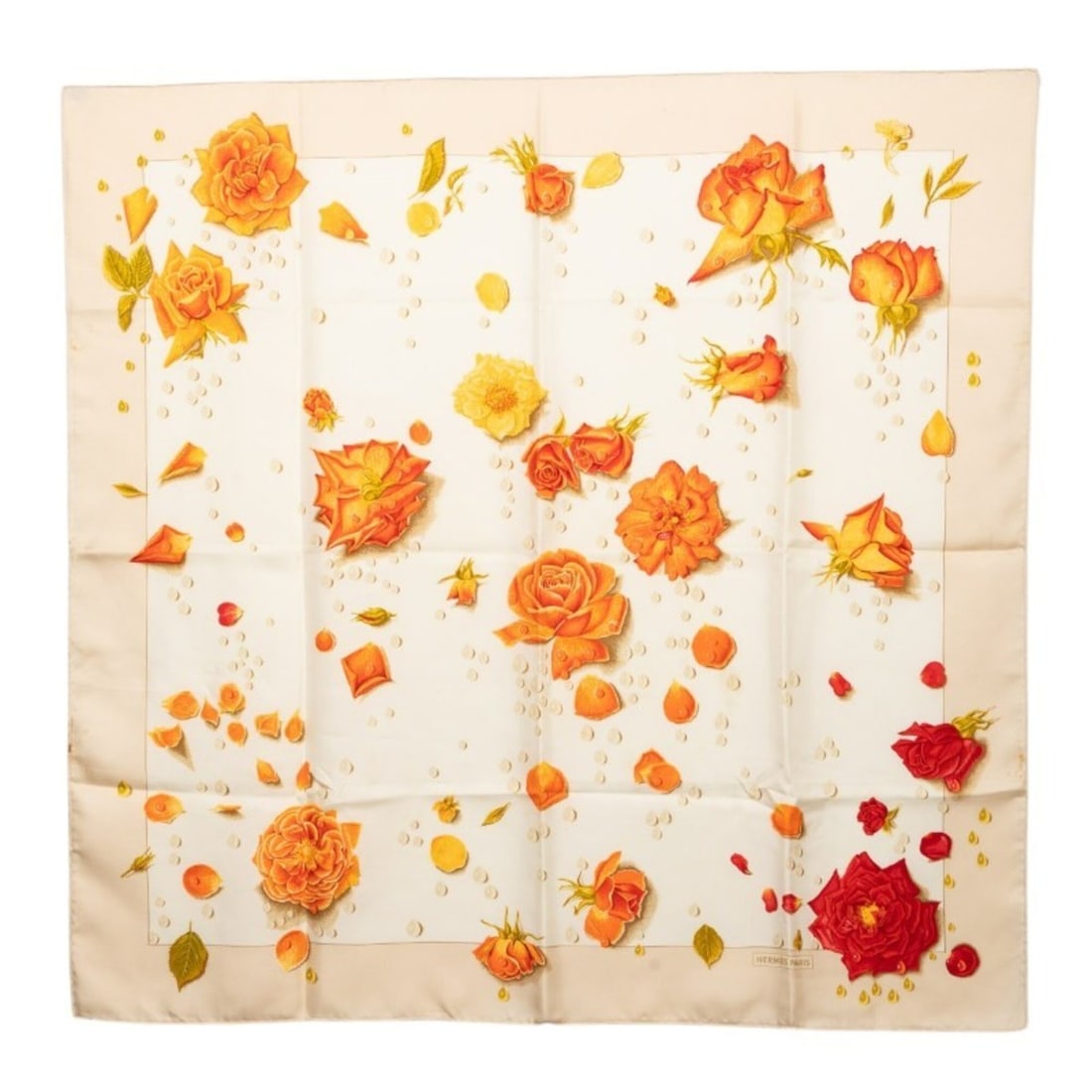 Hermes Carre 90 LA ROSEE (Rose Drop) Scarf/Muffler, Beige/Ivory, Silk, Women's.: --- Catalog ---Category: SizeSize (LxW): 87cm x 89cm / 34.25'' x 35.03''Category: DesignType: ScarfColor: Beige, IvoryGender: WomenMaterial: Silk Category: GeneralBrand: Hermes--- Item List ---Section