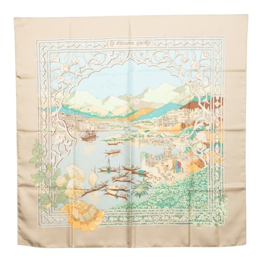 Hermes Carre 90 Le Fleuve Sacr (The Sacred River) Scarf/Muffler, Beige Multicolor Silk, Women's.: --- Catalog ---Category: SizeSize (LxW): 88cm x 89.5cm / 34.64'' x 35.23''Category: DesignType: ScarfColor: Beige, Multi-colorGender: WomenMaterial: Silk Category: GeneralBrand: Hermes--- Item List --