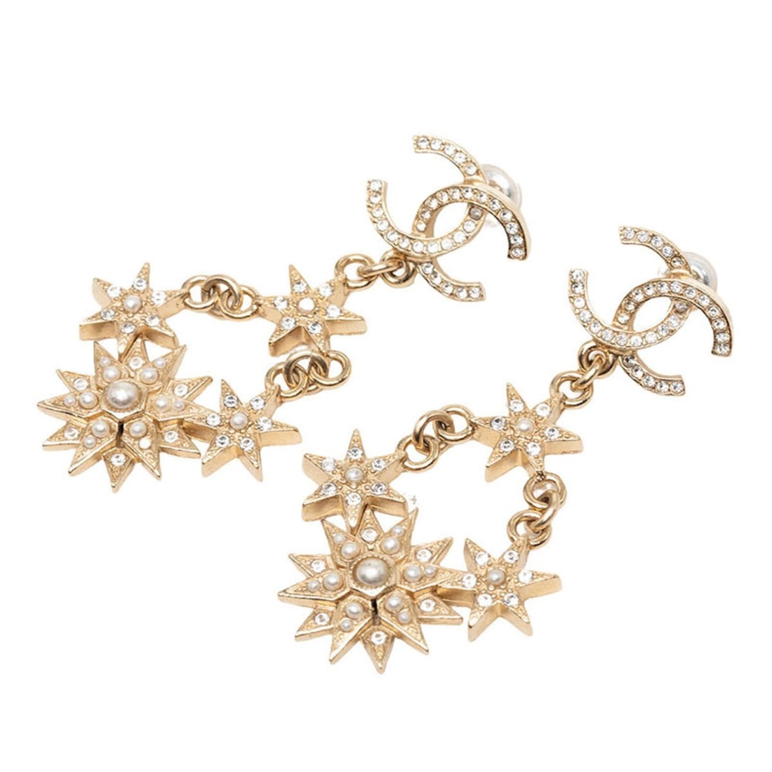 Chanel Coco Mark Stud Earrings, Swing Star Design, 15A Gold Plated Rhinestone, Faux Pearl, Women's: --- Catalog ---Category: SizeSize (HxWxD): 52.40mm x 27.50mm / 2.06'' x 1.08''Category: DesignType: Stud earringsColor: GoldGender: WomenMaterial: RhinestoneCategory: GeneralBrand: Chanel--- Item List
