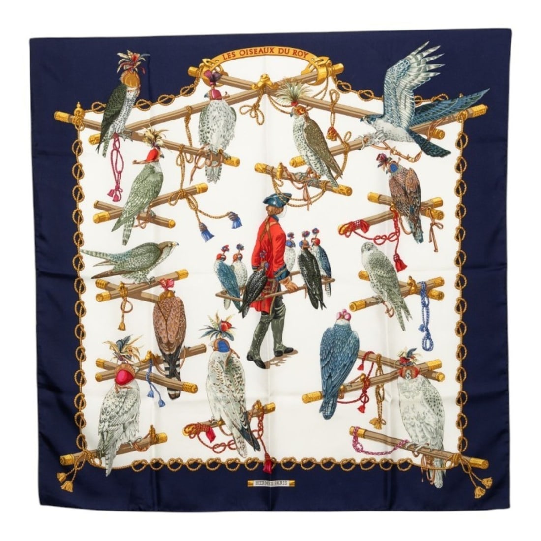 Hermes Carre 90 LES OISEAUX DU ROY (The King's Birds) Scarf/Muffler, Navy/White Silk, Women's.: --- Catalog ---Category: SizeSize (LxW): 87.5cm x 88cm / 34.44'' x 34.64''Category: DesignType: ScarfColor: Navy, WhiteGender: WomenMaterial: Silk Category: GeneralBrand: Hermes--- Item List ---Sectio