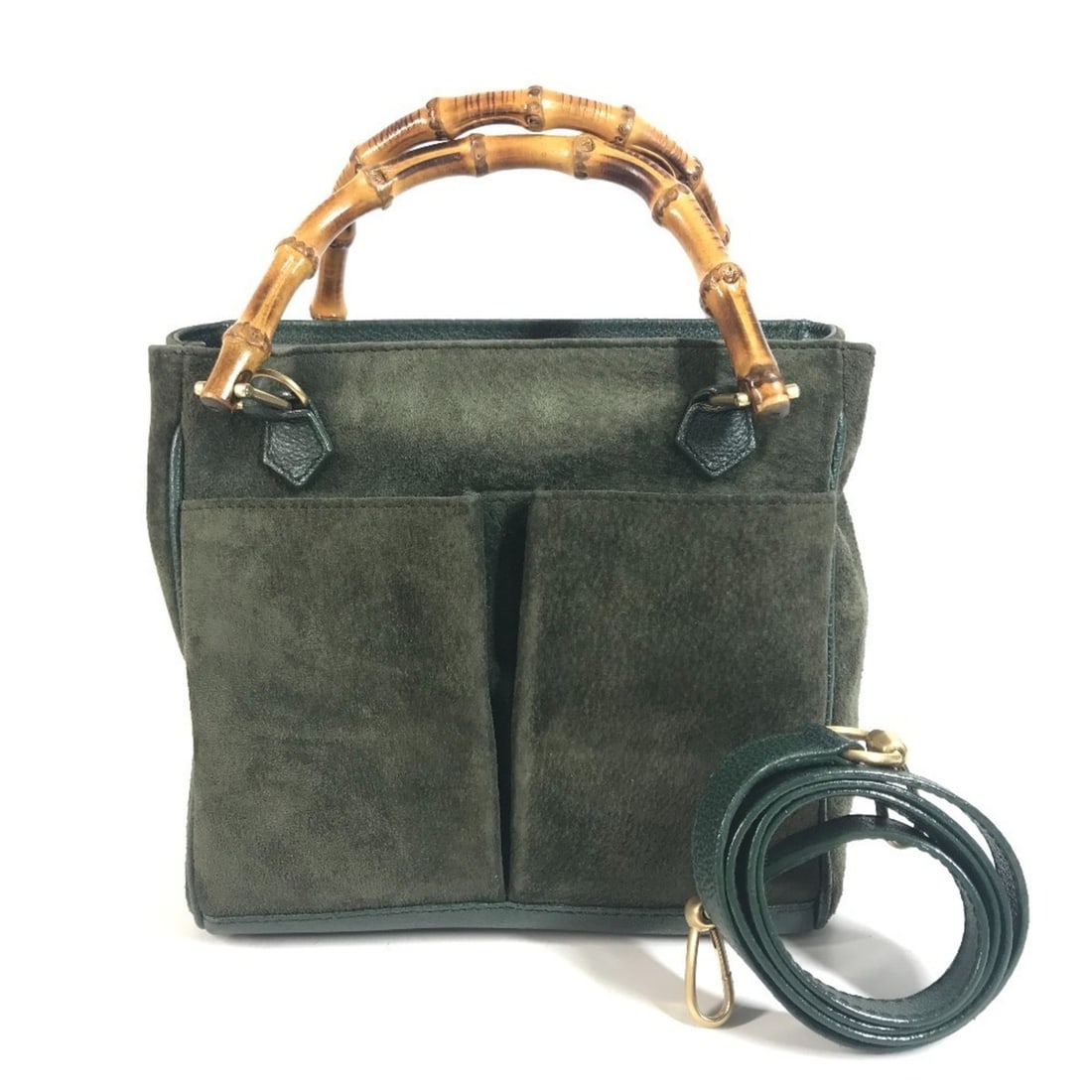 GUCCI 000 123 Old Gucci Vintage Bamboo 2-Way Bag Handbag Shoulder Leather Suede Men's Women's Green: --- Catalog ---Category: SizeSize (HxWxD): 19cm x 20.5cm x 11cm / 7.48'' x 8.07'' x 4.33''Category: DesignType: Handbag, Shoulder bagColor: GreenGender: Men,WomenMaterial: Leather , Suede Category: Ge