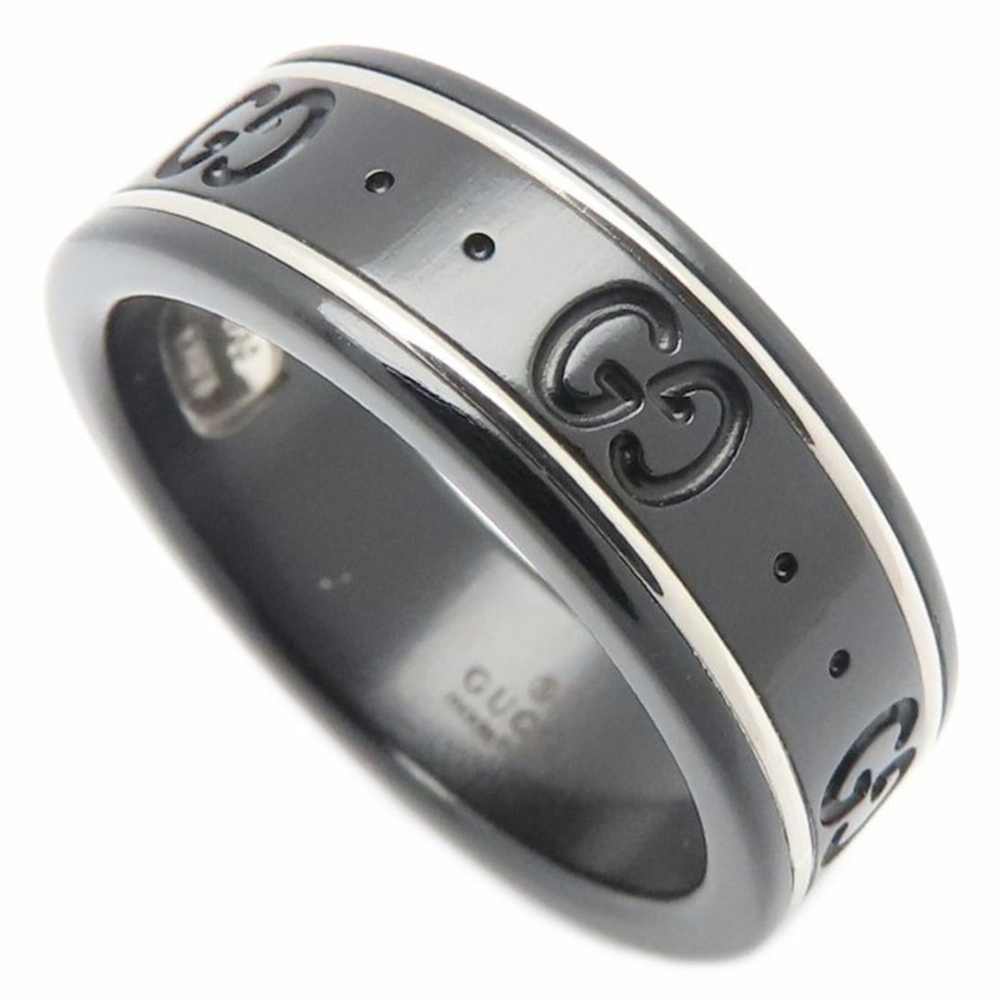 GUCCI Icon Ring, Size #17, 18K White Gold x Black Corundum, Men's, Item No. 295805: --- Catalog ---Category: SizeWidth: 7mm / 0.28''Weight: 2.6g / 0.09oz.JP Size: 16US Size: 8Category: DesignType: Band ringColor: Black, SilverGender: MenMaterial: White gold (18K)Category: GeneralLine