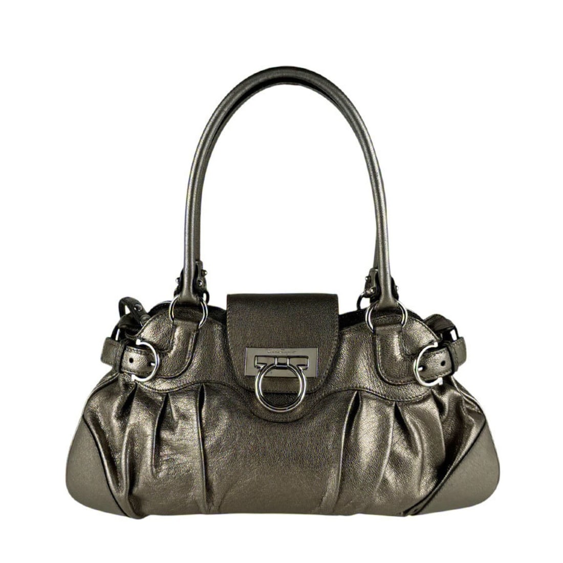 Salvatore Ferragamo handbag, Gancini design, leather, metallic khaki, women's, z10525: --- Catalog ---Category: SizeSize (HxWxD): 20cm x 35cm x 2cm / 7.87'' x 13.77'' x 0.78''Category: DesignType: HandbagColor: Khaki, MetallicGender: WomenMaterial: Leather Category: GeneralBrand: Salvat