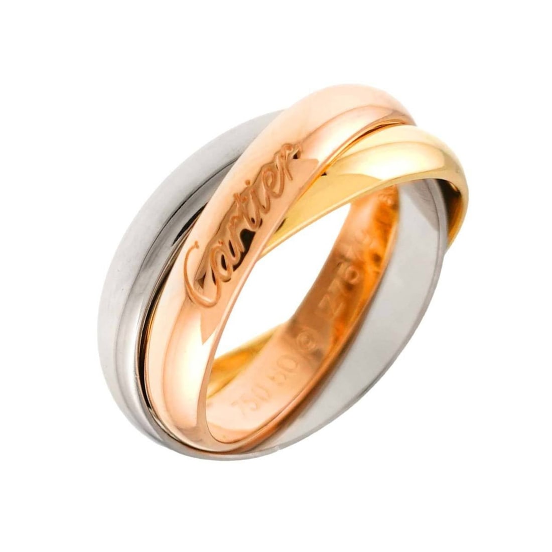 Cartier Trinity MM #50 Ring, 18K Yellow Gold, White Pink Triple Band, Three Colors, 750 Gold.: --- Catalog ---Category: SizeUS Size: 5.5Brand Size: 50Category: DesignType: Band ringGender: WomenMaterial: Pink gold (18K), White gold (18K), Yellow gold (18K)Category: GeneralBrand: Cartier--- Item