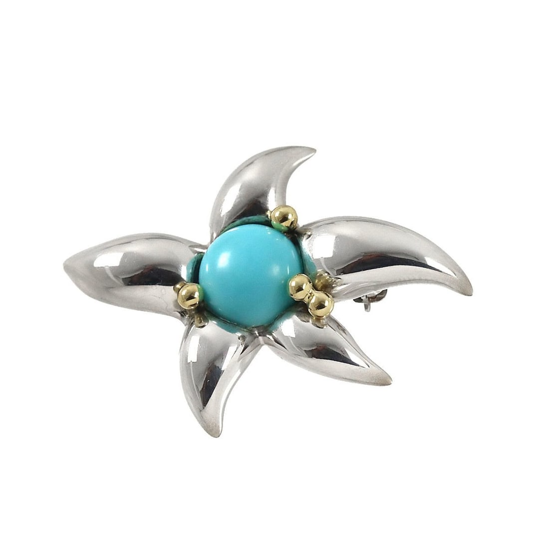 Tiffany & Co. Starfish Turquoise Brooch 18K Silver (SV) Yellow Gold (YG) 750: --- Catalog ---Category: SizeSize (HxWxD): 2.8cm x 4cm / 1.1'' x 1.57''Category: DesignType: BroochGender: WomenMaterial: Silver 925, Yellow gold (18K)Category: GeneralBrand: Tiffany--- Item List ---S