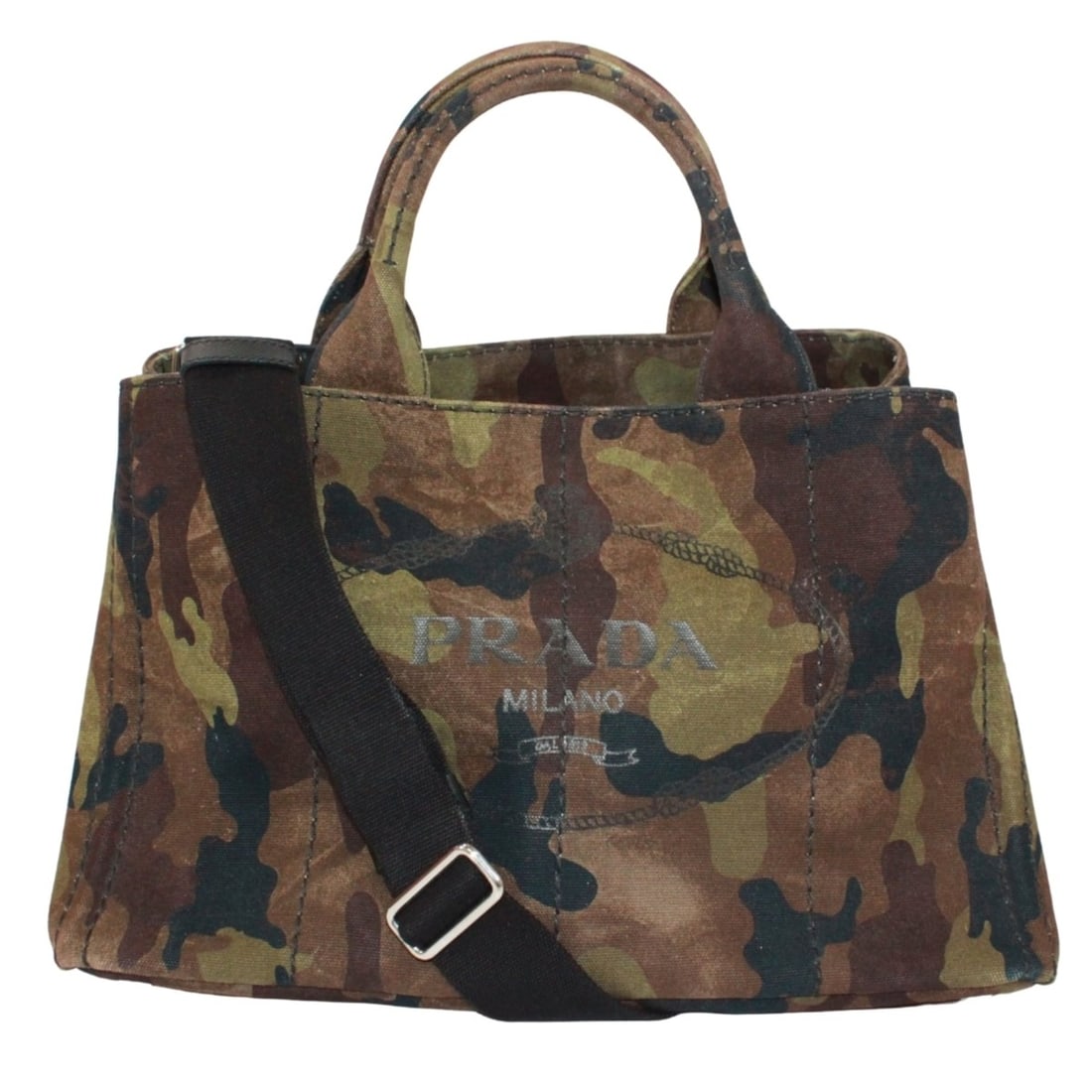 PRADA Canapa Camouflage B2642B Handbag, Canvas, Khaki, Brown, Black, Women's: --- Catalog ---Category: SizeSize (HxWxD): 22cm x 35cm x 22cm / 8.66'' x 13.77'' x 8.66''Category: DesignType: HandbagColor: Black, Brown, KhakiGender: WomenMaterial: Canvas Category: GeneralMPN: