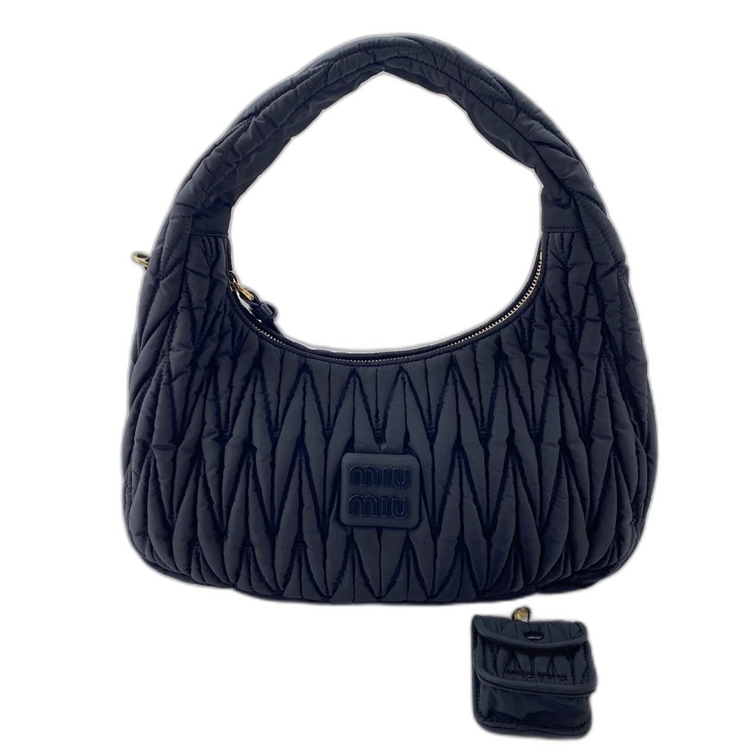 Miu Miu Miu Wonder Matelassé Handbag, Nylon, Black: --- Catalog ---Category: SizeSize (HxWxD): 18cm x 30cm x 10cm / 7.08'' x 11.81'' x 3.93''Category: DesignType: HandbagColor: BlackGender: WomenMaterial: Nylon Category: GeneralBrand: Miu Miu--- Item