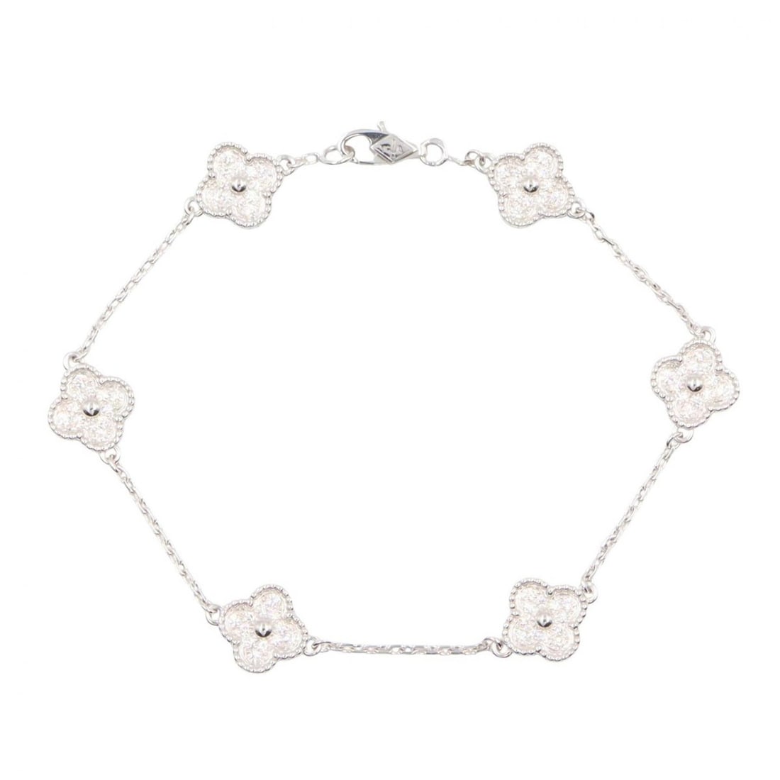 Van Cleef & Arpels Sweet Alhambra Bracelet, 6 Motifs, 18K White Gold (18KWG), Diamonds, Women's,: --- Catalog ---Category: SizeLength: 17cm / 6.69''Category: DesignType: Charm braceletColor: Clear, SilverGender: WomenMaterial: White gold (18K)Category: GeneralMPN: VCARO85700Brand: Van Cleef & Arpe