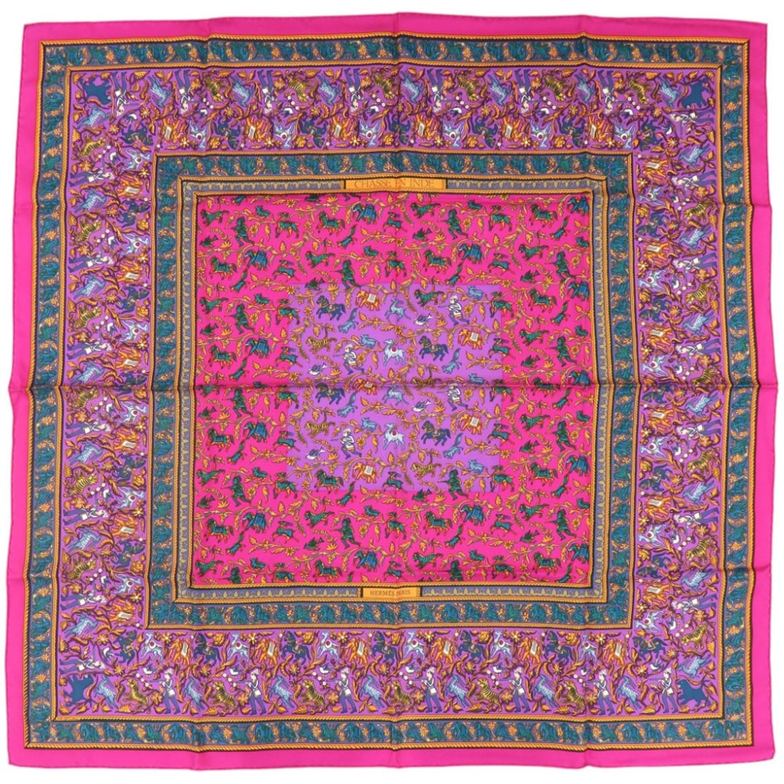 Hermes Carre 90 "Hunting in India" (CHASSE EN INDE) Silk Pink Scarf/Muffler 0464 HERMES: --- Catalog ---Category: SizeSize (LxW): 88cm x 88cm / 34.64'' x 34.64''Category: DesignType: ScarfColor: Pink, PurpleGender: WomenMaterial: Silk Category: GeneralBrand: HermesCountry of Origin: Franc