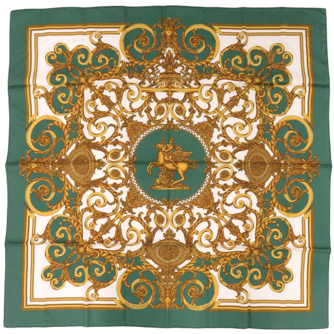 Hermes Carre 90 Les Tuileries Silk Green Scarf Muffler 0462HERMES: --- Catalog ---Category: SizeSize (LxW): 88cm x 88cm / 34.64'' x 34.64''Category: DesignType: ScarfColor: Green, WhiteGender: WomenMaterial: Silk Category: GeneralBrand: HermesCountry of Origin: Franc