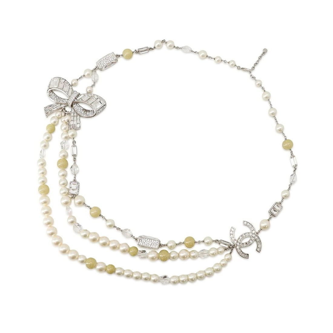 Chanel Necklace, Coco Mark Ribbon Motif, Rhinestones, Faux Pearl, 08 P CHANEL NECKLACE: --- Catalog ---Category: SizePendant Size: 5.2mm x 7.5mm / 0.2'' x 0.29''Neck Circumference: 86.5 cm / 34.05''Category: DesignGender: WomenMaterial: Metal, RhinestoneNecklace Type: NecklaceCategory: G