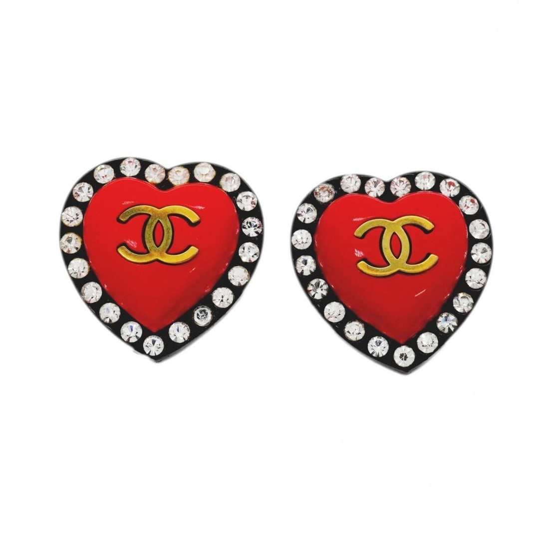 Chanel Earrings, Coco Mark, GP Plated Plastic, Rhinestones, Gold, Black, Red, Women's, P3164267: --- Catalog ---Category: SizeSize (HxWxD): 31.70mm x 30.90mm / 1.25'' x 1.22''Category: DesignType: Clip earringsColor: Black, Gold, Red colorGender: WomenMaterial: Gold plating, Plastic, RhinestoneCa