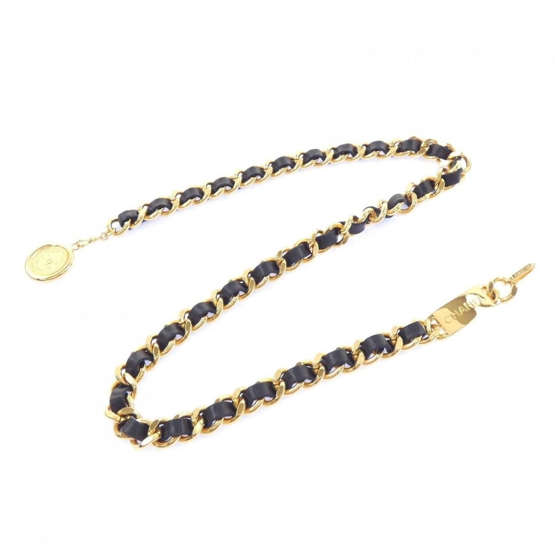 Chanel belt: --- Catalog ---Category: SizeLength: 90.5cm / 35.62''Category: DesignType: Chain beltColor: Black, GoldGender: WomenCategory: GeneralBrand: Chanel--- Item List ---Section: ConditionRanking: Rank B