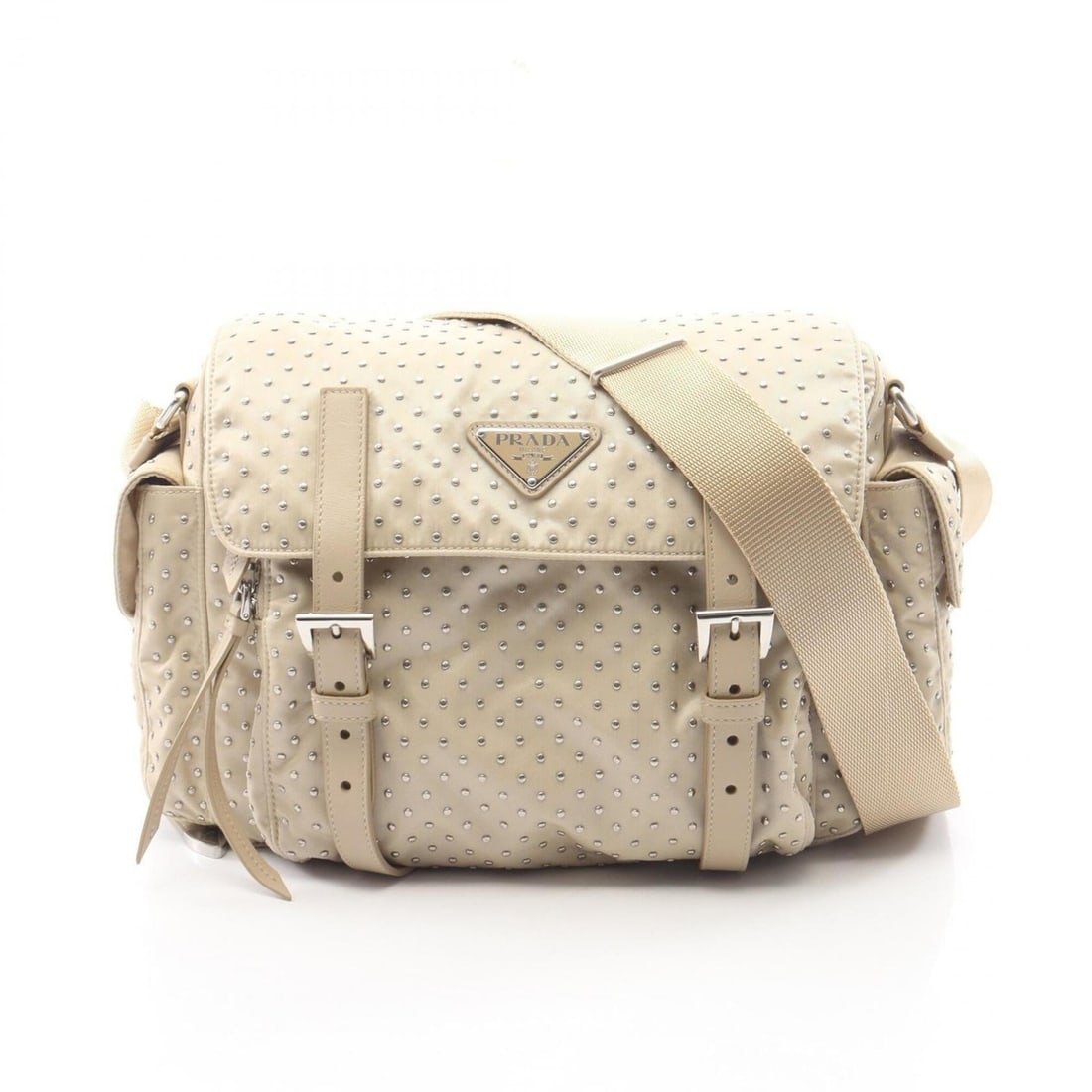 Prada Re-Nylon Studded Shoulder Bag/Handbag, Nylon Leather, Women's, Beige: --- Catalog ---Category: SizeSize (HxWxD): 21cm x 25cm x 10cm / 8.26'' x 9.84'' x 3.93''Category: DesignType: Handbag, Shoulder bagColor: BeigeGender: WomenMaterial: Nylon , Leather Category: GeneralB