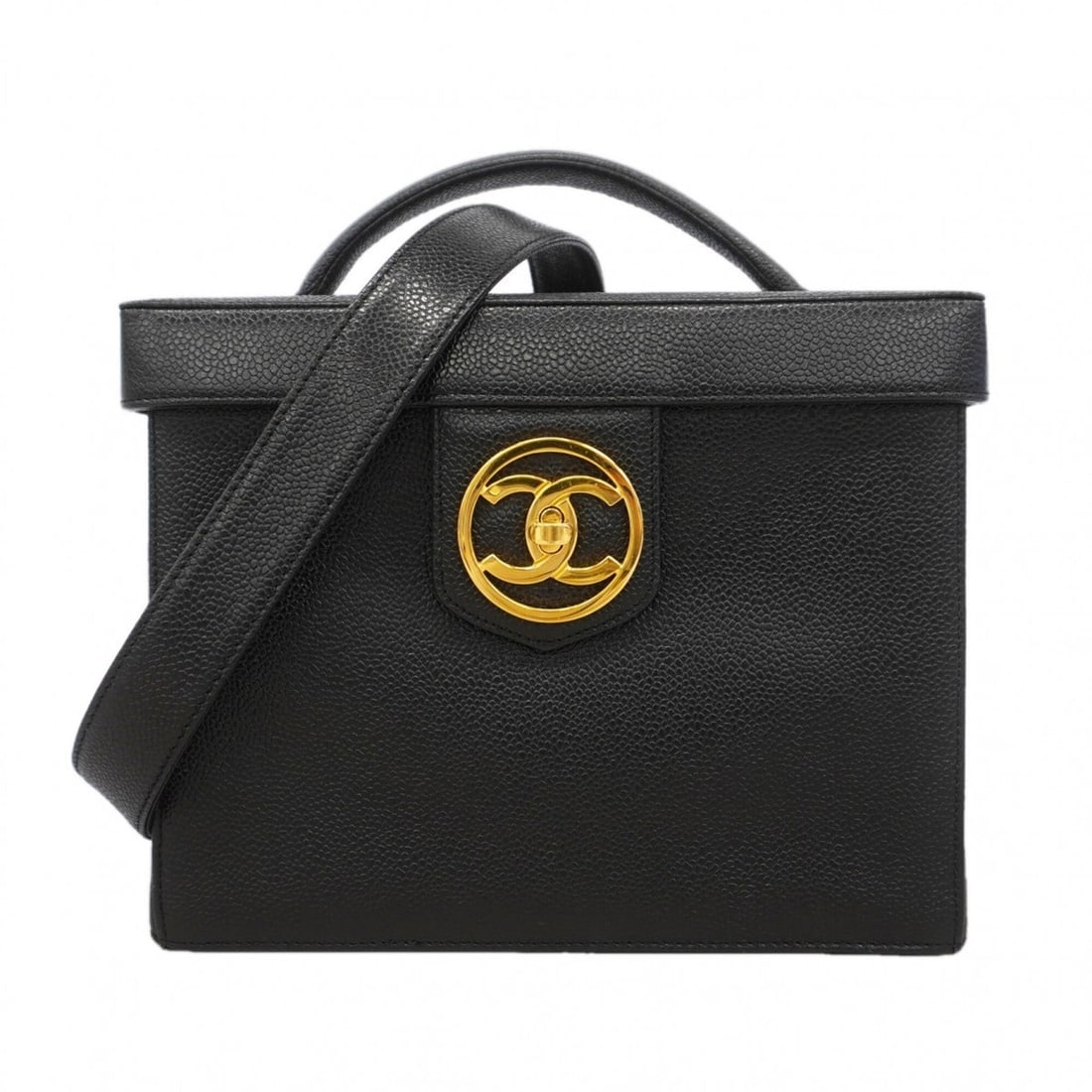Chanel handbag/vanity bag, chain shoulder caviar leather, black, 2-way bag for women: --- Catalog ---Category: SizeSize (HxWxD): 18cm x 23cm x 13.5cm / 7.08'' x 9.05'' x 5.31''Category: DesignType: Vanity bagColor: BlackGender: WomenMaterial: Grained Calfskin Hardware Color: GoldCatego