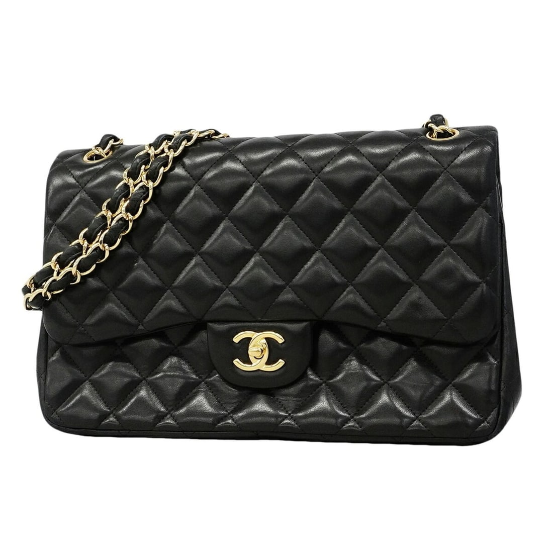 Chanel Shoulder Bag, Large Matelassé, Double Flap, Chain, Lambskin, Black, Women's (1 of 15)