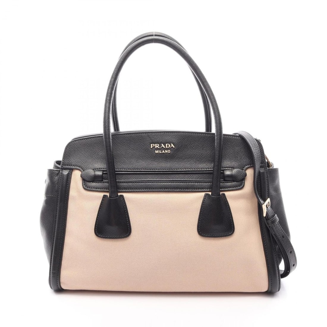Prada PRADA Logo 2-Way Handbag, Canvas & Saffiano Leather, Women's, Ivory Black: --- Catalog ---Category: SizeSize (HxWxD): 24cm x 34cm x 15.5cm / 9.44'' x 13.38'' x 6.1''Category: DesignType: HandbagColor: Black, IvoryGender: WomenMaterial: Canvas , Leather Leather/Fur Type: Saff
