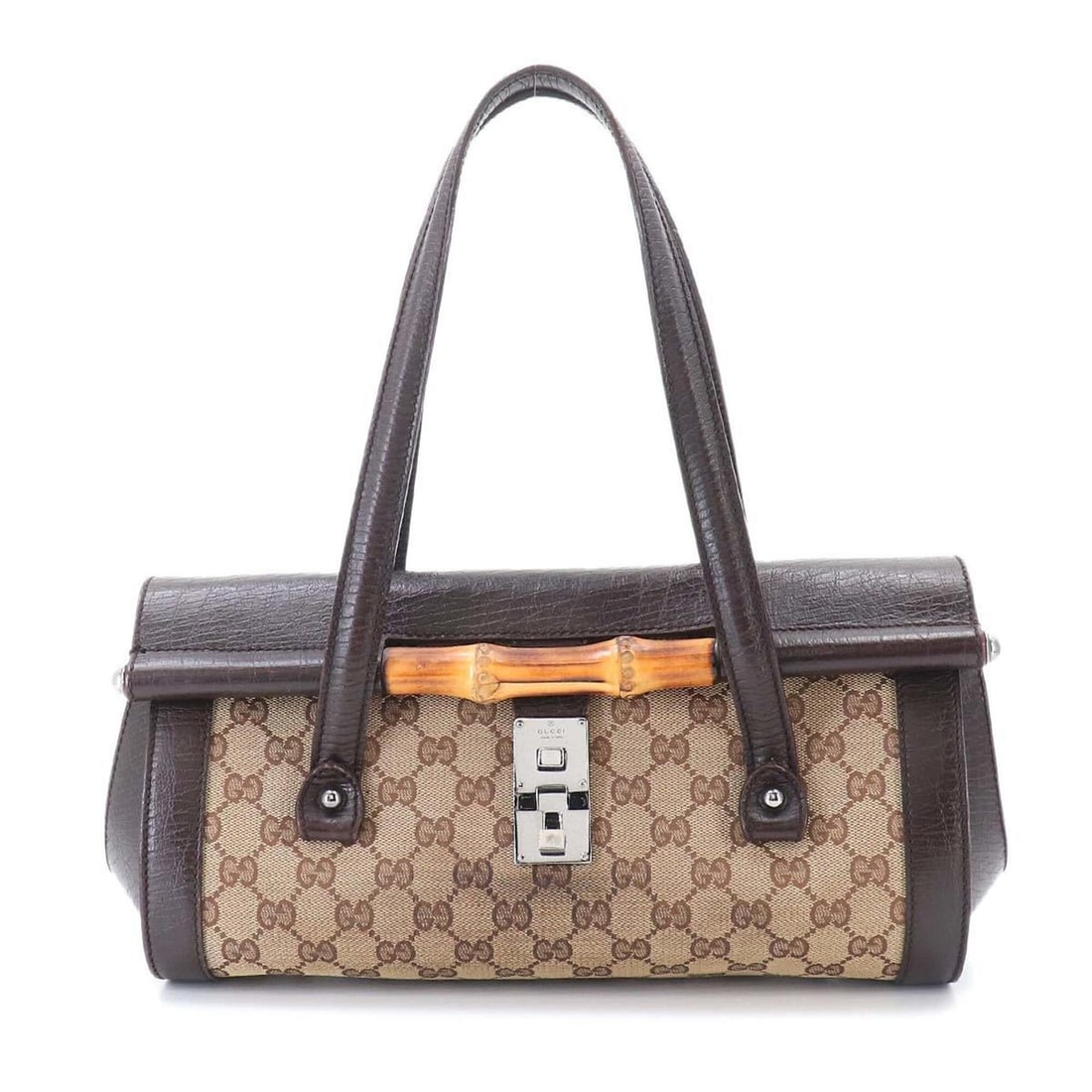 Gucci Bamboo Handbag, GG Canvas Leather, Brown/Beige, 111713, Silver Hardware.: --- Catalog ---Category: SizeSize (HxWxD): 18cm x 32cm x 15cm / 7.08'' x 12.59'' x 5.9''Category: DesignType: HandbagColor: Beige, BrownGender: WomenMaterial: GG canvas , Leather Category: GeneralMPN: