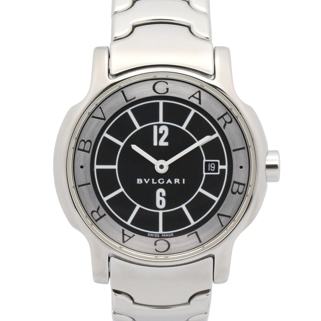 Bulgari BVLGARI Solo Tempo Watch, Stainless Steel, Women's, Black, ST29S: --- Catalog ---Category: SizeWrist Size: 14.5cm / 5.7''Case Diameter: 29mm / 1.14''Category: DesignType: WristwatchGender: WomenColor (Dial): BlackMaterial (Band): Stainless steelMaterial (Case): Stai