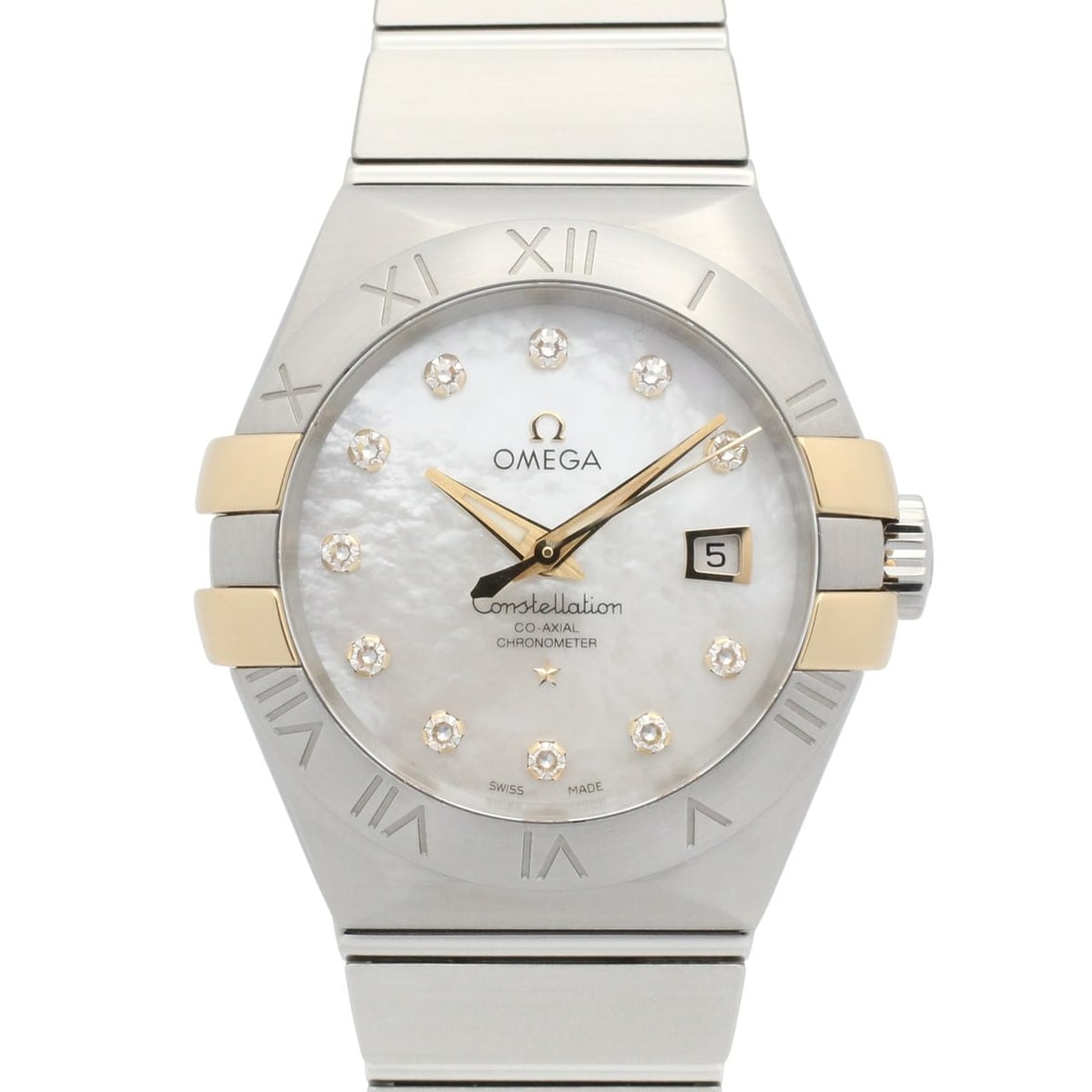 Omega Constellation watch, 18K yellow gold stainless steel, women's, white dial with mother-of-pearl: --- Catalog ---Category: SizeWrist Size: 16.5cm / 6.49''Case Diameter: 31mm / 1.22''Category: DesignType: WristwatchGender: WomenColor (Dial): White shellMaterial (Band): Stainless steel, Yellow gold 