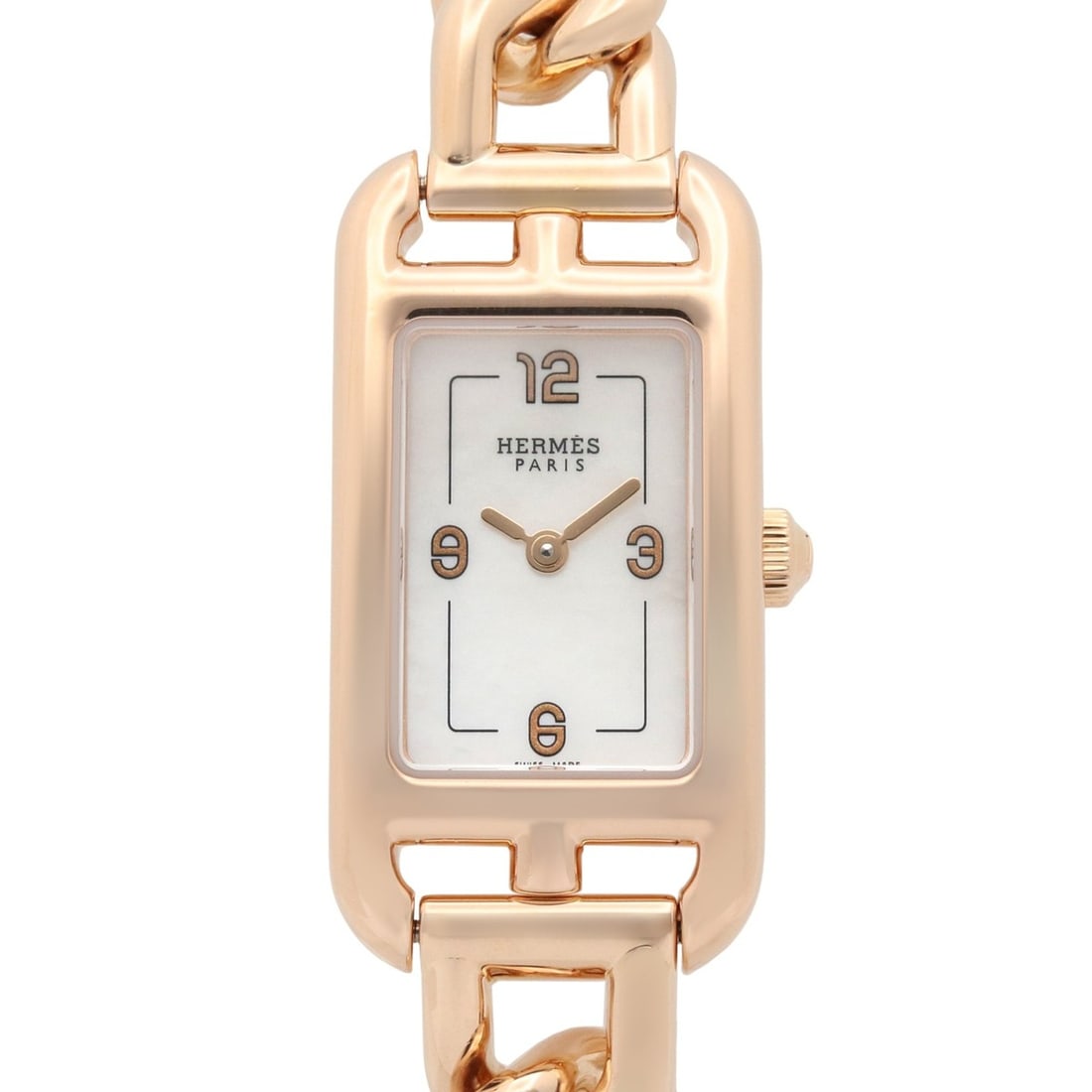 Hermes Nantucket PM 29mm Watch, 18K Pink Gold (PG), Women's, White/White Shell, NA2.170: --- Catalog ---Category: SizeWrist Size: 17.5cm / 6.88''Case Diameter: 17mm / 0.67''Category: DesignType: WristwatchGender: WomenColor (Dial): White shellMaterial (Band): Pink gold (18K)Material (Case